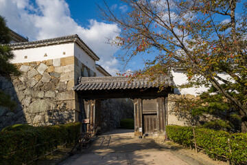The I No Mon Gate of Himeji Castle in Asia, Japan, Kansai, Himeji, in summer, on a sunny day.