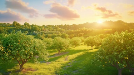 Stunning Sunrise Over a Fruit Orchard: A Picturesque Rural Landscape