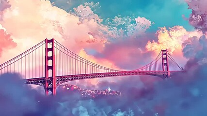 Golden Gate Bridge in a Dreamlike, Pastel-Colored Cloudscape - Powered by Adobe