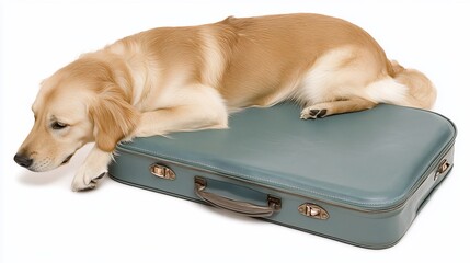 Dog rests on suitcase, white background, travel