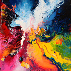 Vibrant Abstract Art: Dynamic Swirling Colors of Blue, Red, Yellow, and Pink - A Fluid Composition with Bold Patterns, Energetic Motion, and Expressive Layers in Mixed Media Design