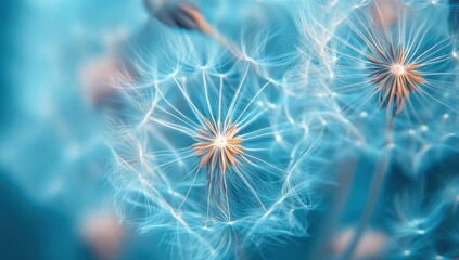 Obraz premium Macro shot of dandelion seeds with soft blue background