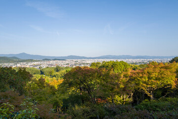 The panoramic view of the city from Okochi Sanso Garden in Kyoto in Asia, Japan, Kansai, Kyoto, in summer, on a sunny day.