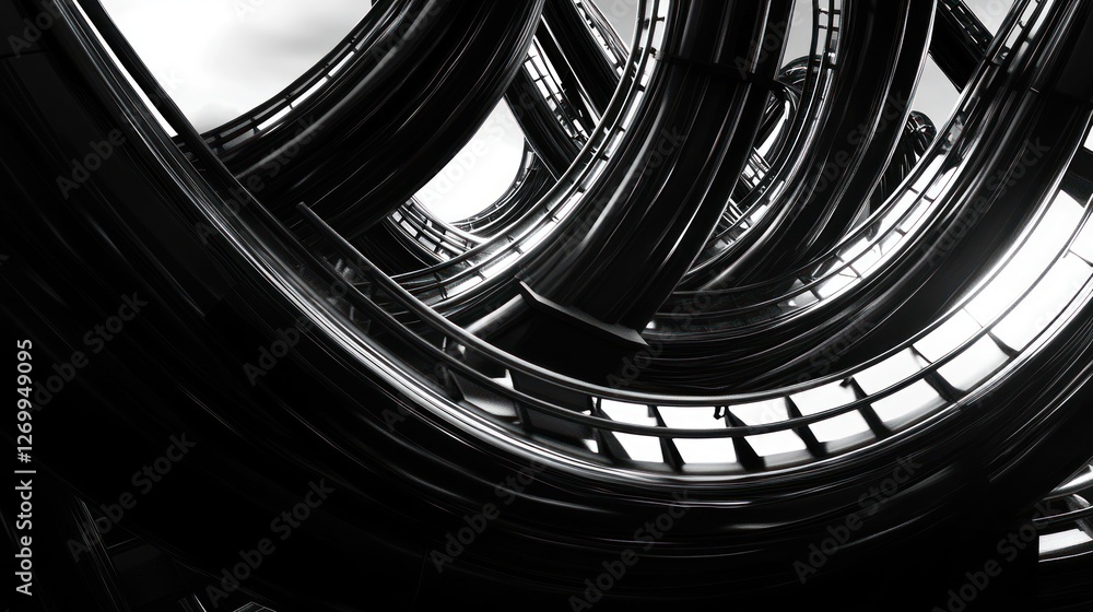 Poster monochrome abstract of intersecting metal structures in circular formation