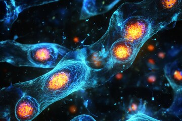 microscopic view of colorful biological cells under magnification, Generative AI