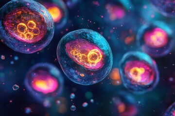 microscopic view of colorful biological cells under magnification, Generative AI