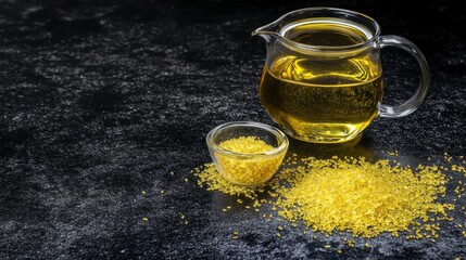 Golden Rice Grains and Cooking Oil on Dark Surface
