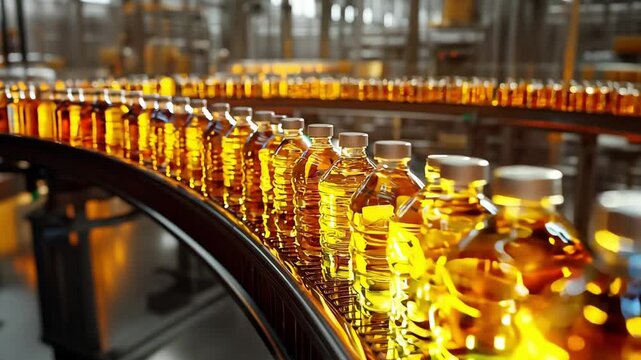 Production of bottled oil as golden liquid flows along the conveyor system in a modern facility setting
