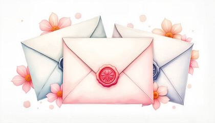 Elegant envelope set with wax seals, pastel watercolor illustration