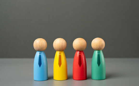Figures of people with ties. Workers and employees. Different departments. Corporate structure, teamwork, office hierarchy. Professional roles in a business environment.