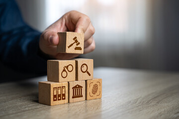 A man assembles a judicial system from blocks in the shape of a pyramid. Legal hierarchy, law...
