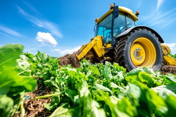 Farmer loading agricultural waste into biomethane production with tractor and front loader