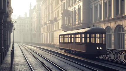 Fototapeta premium Vintage Tram in Misty European Cityscape. Possible use Stock photo for travel, history, or urban settings