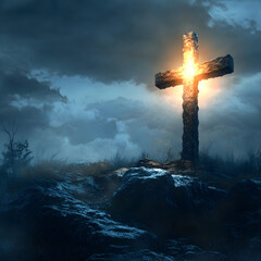 Cross in the Light and Darkness: A Spiritual Landscape of Rocks, Sky, Clouds, and Glow Symbolizing Faith, Mystery, and Hope in Nature's Tranquil Atmosphere at Twilight