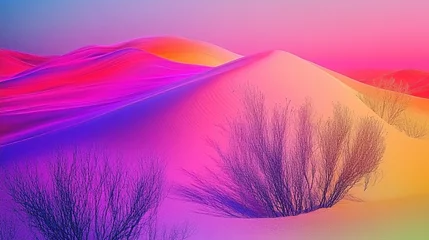 Fototapeten Vibrant desert landscape with colorful dunes and sparse vegetation, showcasing an enchanting twilight scene filled with hues of pink, purple, and orange. © Tom