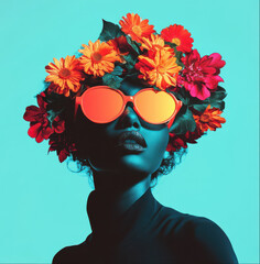 Abstract stylish floral portrait of a black woman. Surreal composite image of woman and flowers