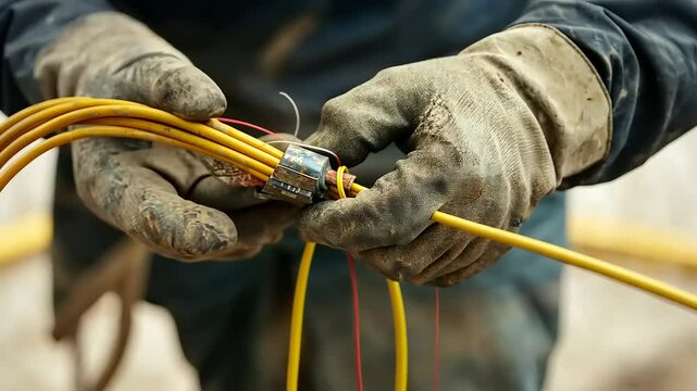 Close-up of dirty work gloves connecting yellow fiber optic cables.