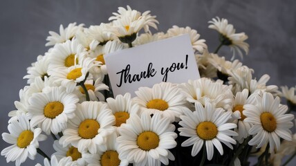 Fototapeta premium White daisy bouquet with thank you card in the center