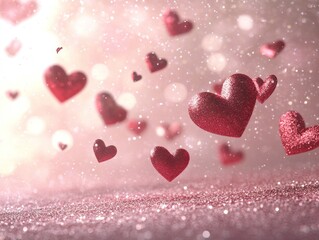 Obraz premium Romantic glitter hearts floating on pink bokeh background for Valentine's