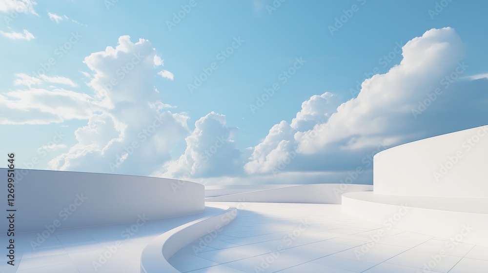 Aufkleber futuristic white abstract buildings with curved shapes under blue sky and clouds, symbolizing sereni