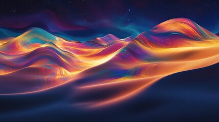 Fototapeta premium Vibrant, abstract landscape of undulating waves in rich hues of orange, pink, and blue, creating a mesmerizing and dreamlike atmosphere.