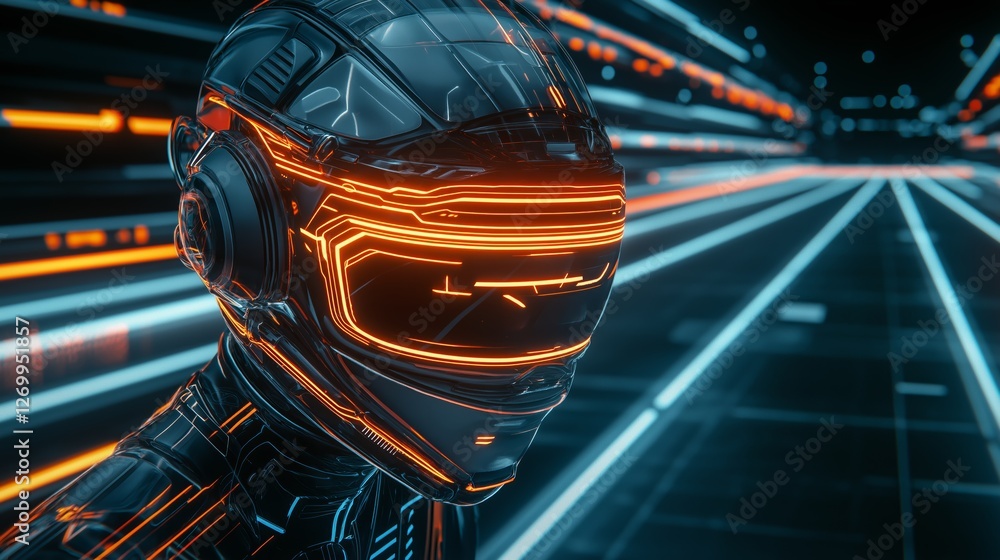 Poster futuristic sci-fi helmet with glowing neon visor in a high-tech digital environment, symbolizing inn