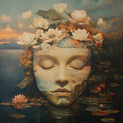 Dreamlike Nature Serenity: Ethereal Flowers and Water Reflections in Artistic Tranquility, Surreal Landscape Beauty, Meditation and Emotions through Floral Harmony and Visual Poetry