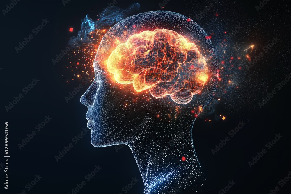 Poster futuristic glowing brain inside a digital human head, symbolizing artificial intelligence, deep lear