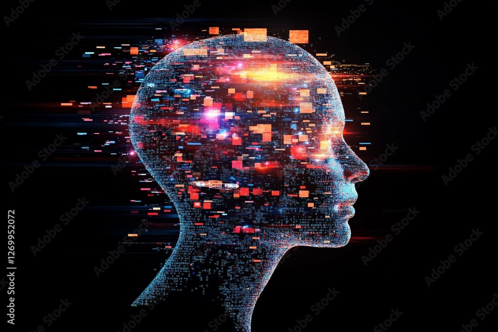 Poster abstract digital human head with data flow and bright pixels, representing artificial intelligence, 