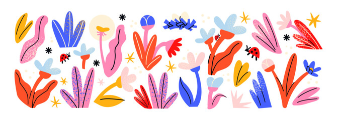 Botanical set of abstract flowers and plants. Organic floral doodles, leaves of different shapes. Trendy hippie funky shapes stickers 90s.	