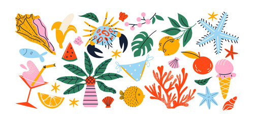 Cartoon summer stickers in retro 90s style. Summer party, vacation, beach season, shore, sun, swimwear. Bright groovy funky summer elements and shapes. Sticker pack of patches, labels, stamps © Limpreom