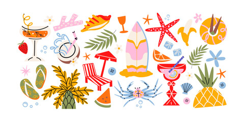 Cartoon summer stickers in retro 90s style. Summer party, vacation, beach season, shore, sun, swimwear. Bright groovy funky summer elements and shapes. Sticker pack of patches, labels, stamps, © Limpreom