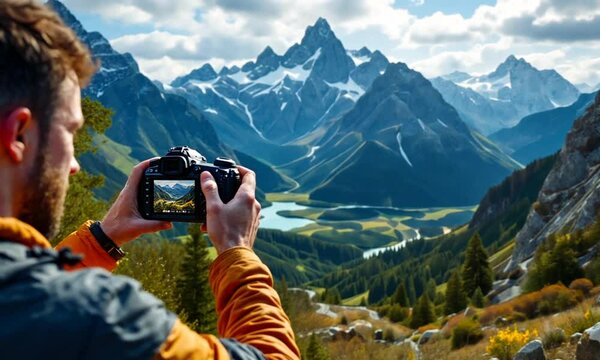 Man photographs mountain scenery; scenic viewpoint; capturing landscape; travel photography
