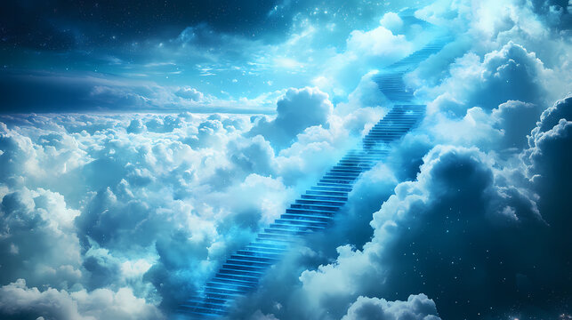 Stairway to heaven, cloudscape, blue steps. Infinity Staircases. Illustration