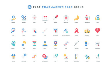 Medical care and laboratory research, health check in hospital color icon set. Healthcare and prescription treatment pills, emergency first aid and telemedicine help flat elements vector illustration