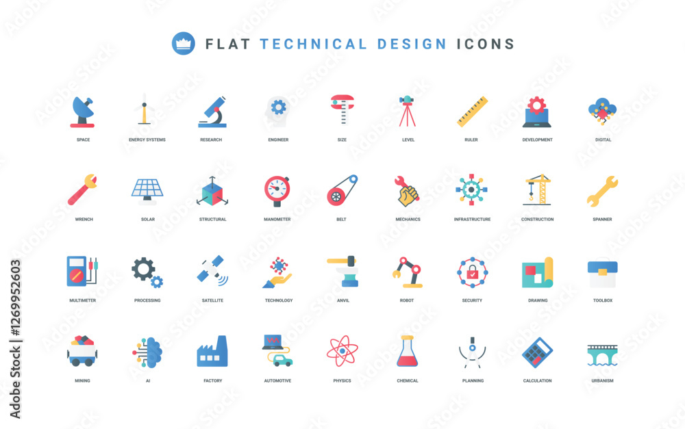 Poster Engineering, industrial infrastructure development using science research, robots color icon set. Engineers planning and drafts, digital process automation with AI flat elements vector illustration