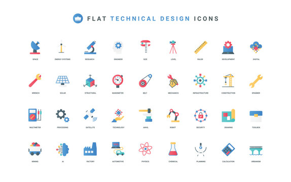 Engineering, industrial infrastructure development using science research, robots color icon set. Engineers planning and drafts, digital process automation with AI flat elements vector illustration