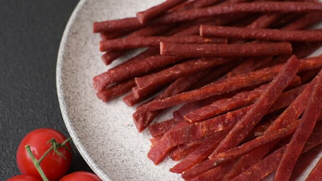 Jerky dried fish sticks with salt and spices on a dark concrete background