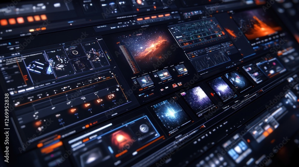 Poster advanced spacecraft control panel interface displaying cosmic data
