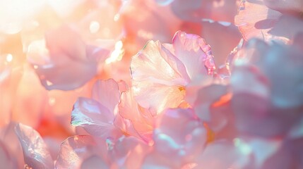A close-up of delicate pastel pink flower petals shimmering in soft sunlight, creating a dreamy and tranquil atmosphere.