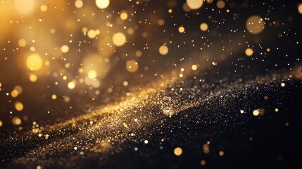 Golden glitter particles shimmer against a dark background, creating a magical and festive atmosphere.