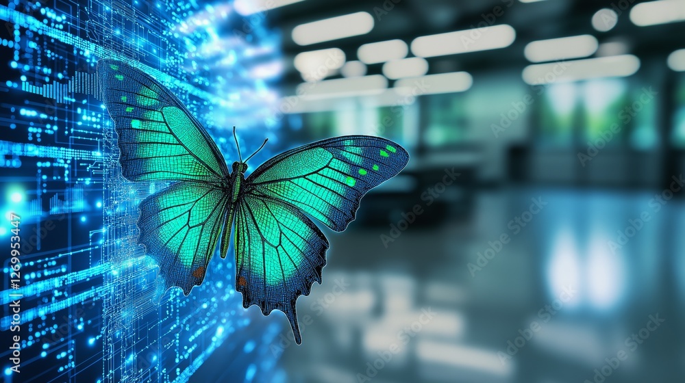 Poster futuristic digital blue butterfly in a high-tech environment, symbolizing ai transformation, cyberne
