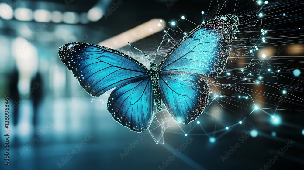 Poster Futuristic digital blue butterfly in a high-tech environment, symbolizing AI transformation, cybernetics, connectivity, and the fusion of nature and technology, Generative AI