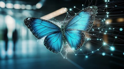 Futuristic digital blue butterfly in a high-tech environment, symbolizing AI transformation, cybernetics, connectivity, and the fusion of nature and technology, Generative AI