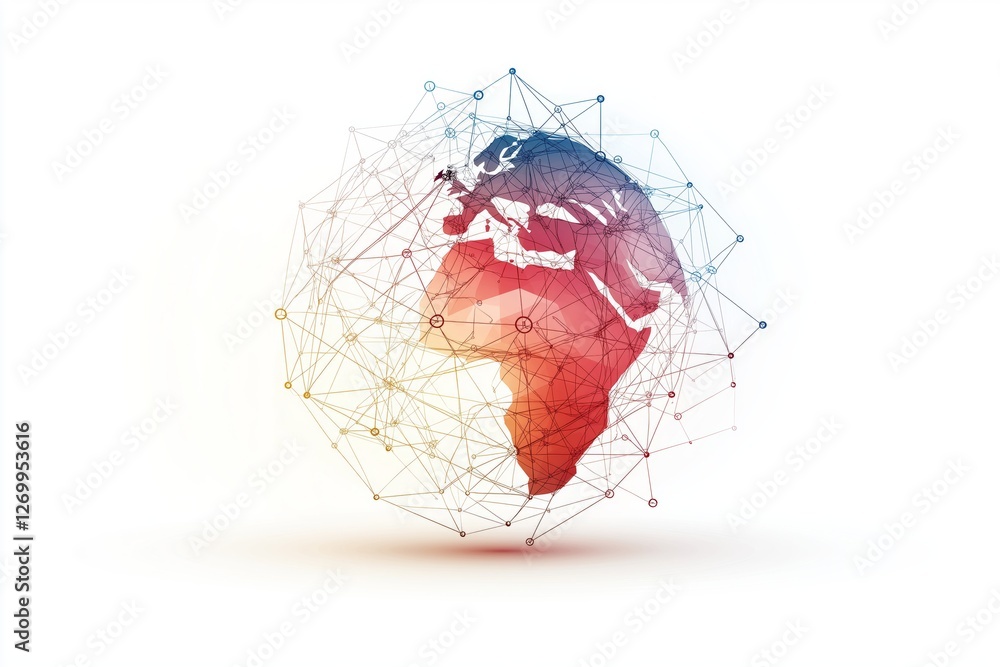 Poster Geometric digital globe with network connections, symbolizing AI, cybersecurity, global technology, innovation, and modern data infrastructure, Generative AI