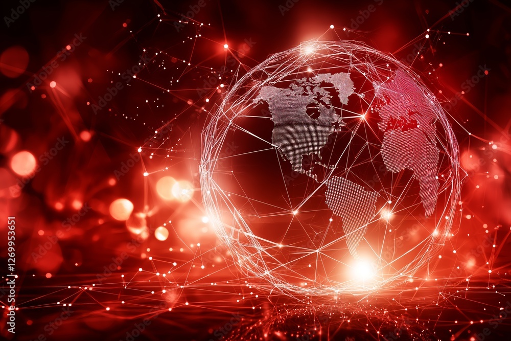 Poster futuristic red digital globe with network connections, representing global cybersecurity, ai technol