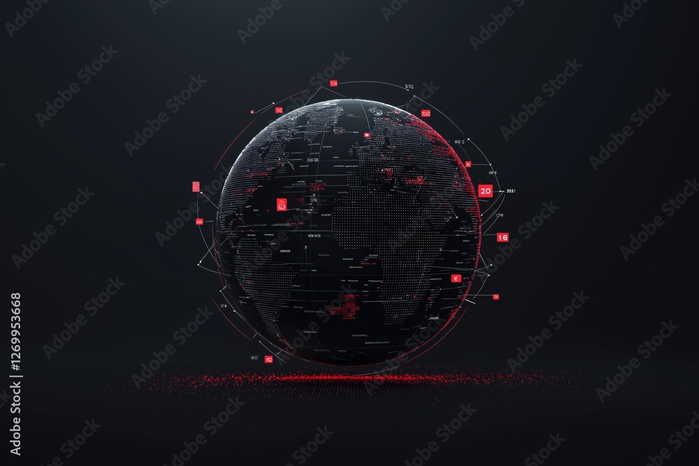 Fototapete Dark digital globe with data points and network connections, symbolizing AI, cybersecurity, global data analytics, and advanced technological intelligence, Generative AI