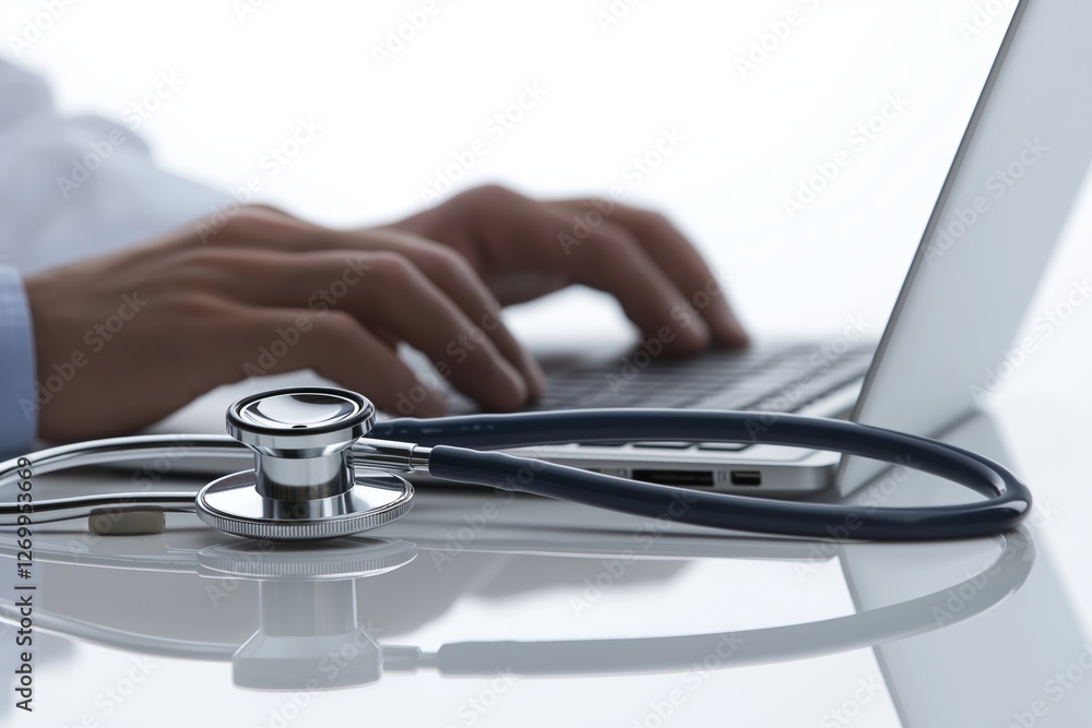 Poster healthcare professional coding on a laptop in a modern workspace, symbolizing medical technology, ai