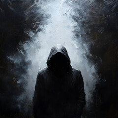 Mysterious Hooded Figure: Eerie Silhouette in a Dark Background with Smoke and Monochrome Texture | Haunting Atmosphere of Isolation, Anonymity, and Surreal Emotion in Modern Art Composition