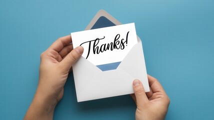 Hands holding a thank you card in a white envelope
